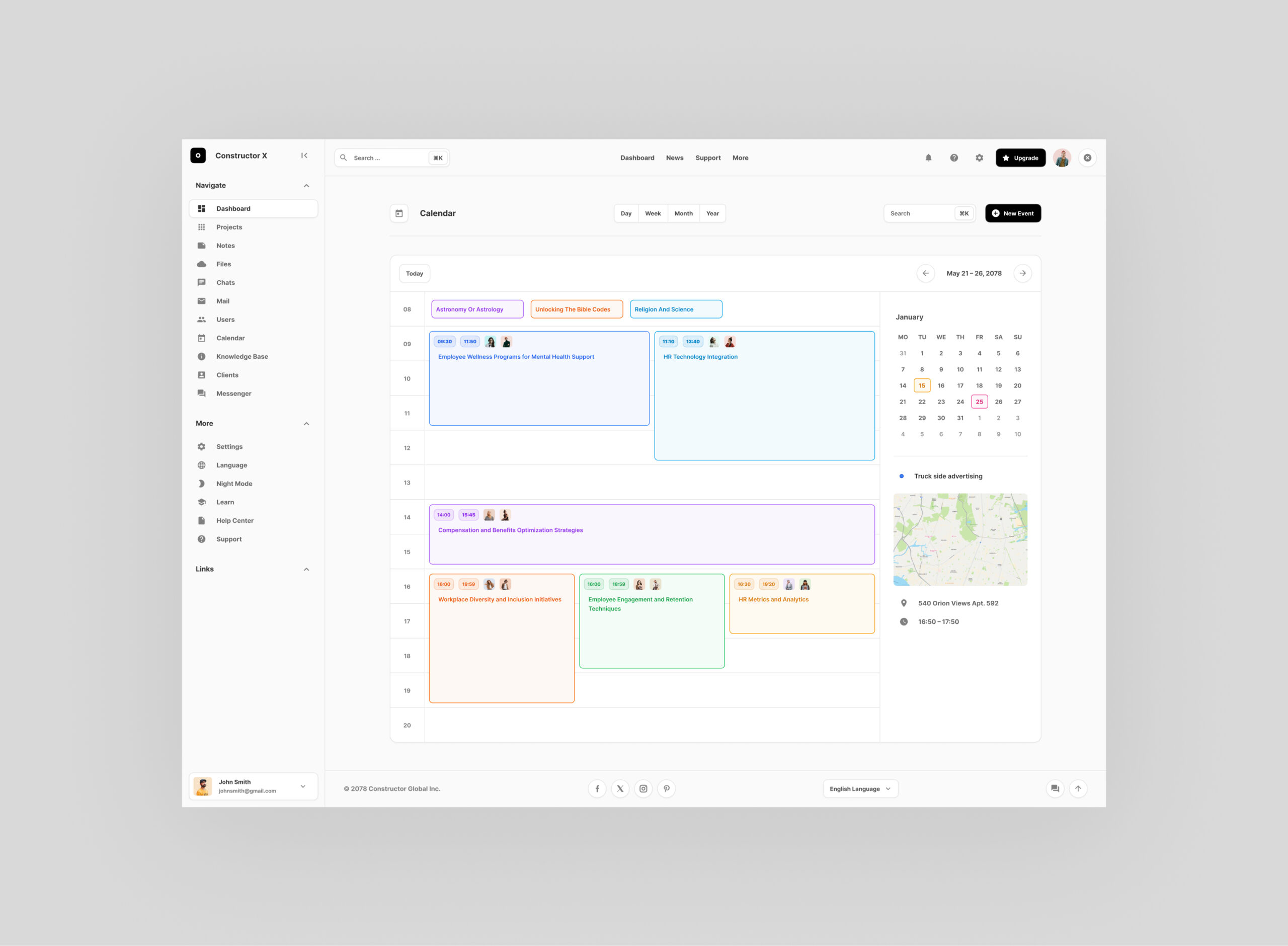The image shows the interface of "Constructor X," which appears to be a tool for managing tasks, projects, and calendars. Here are the main interface elements:

Top panel: This contains the "Dashboard," "News," "Support," and "Main" tabs, which likely lead to different sections of the program. There's also an "Upgrade" button for accessing a more advanced version.

Left navigation panel: Contains sections such as "Dashboard," "Projects," "Files," "Users," "Knowledge Base," "Clients," "Messenger," "More," "Settings," "Language," "Night Mode," "Learn," "Help Center," and "Support." This allows you to quickly navigate between the program's main functions.