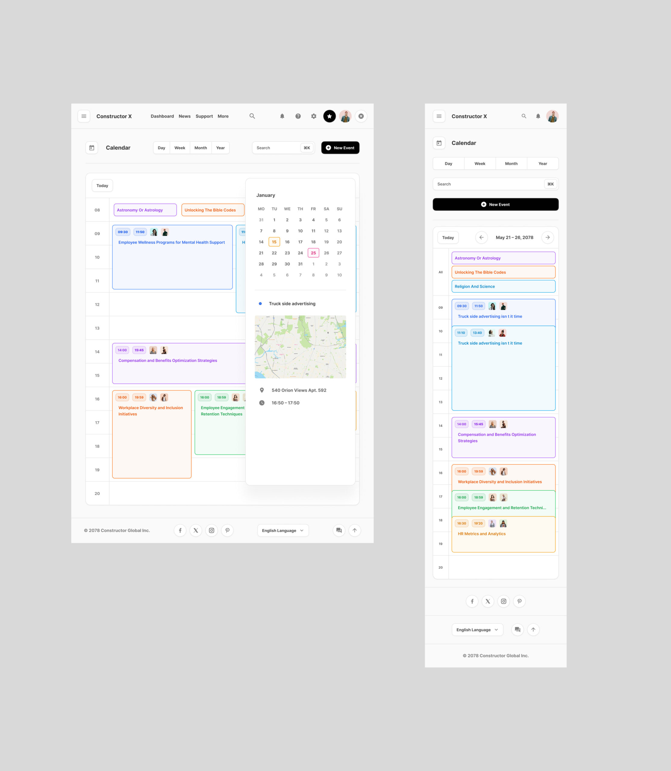 The image shows the interface of "Constructor X," which appears to be a tool for managing tasks, projects, and calendars. Here are the main interface elements:

Top panel: This contains the "Dashboard," "News," "Support," and "Main" tabs, which likely lead to different sections of the program. There's also an "Upgrade" button for accessing a more advanced version.

Left navigation panel: Contains sections such as "Dashboard," "Projects," "Files," "Users," "Knowledge Base," "Clients," "Messenger," "More," "Settings," "Language," "Night Mode," "Learn," "Help Center," and "Support." This allows you to quickly navigate between the program's main functions.