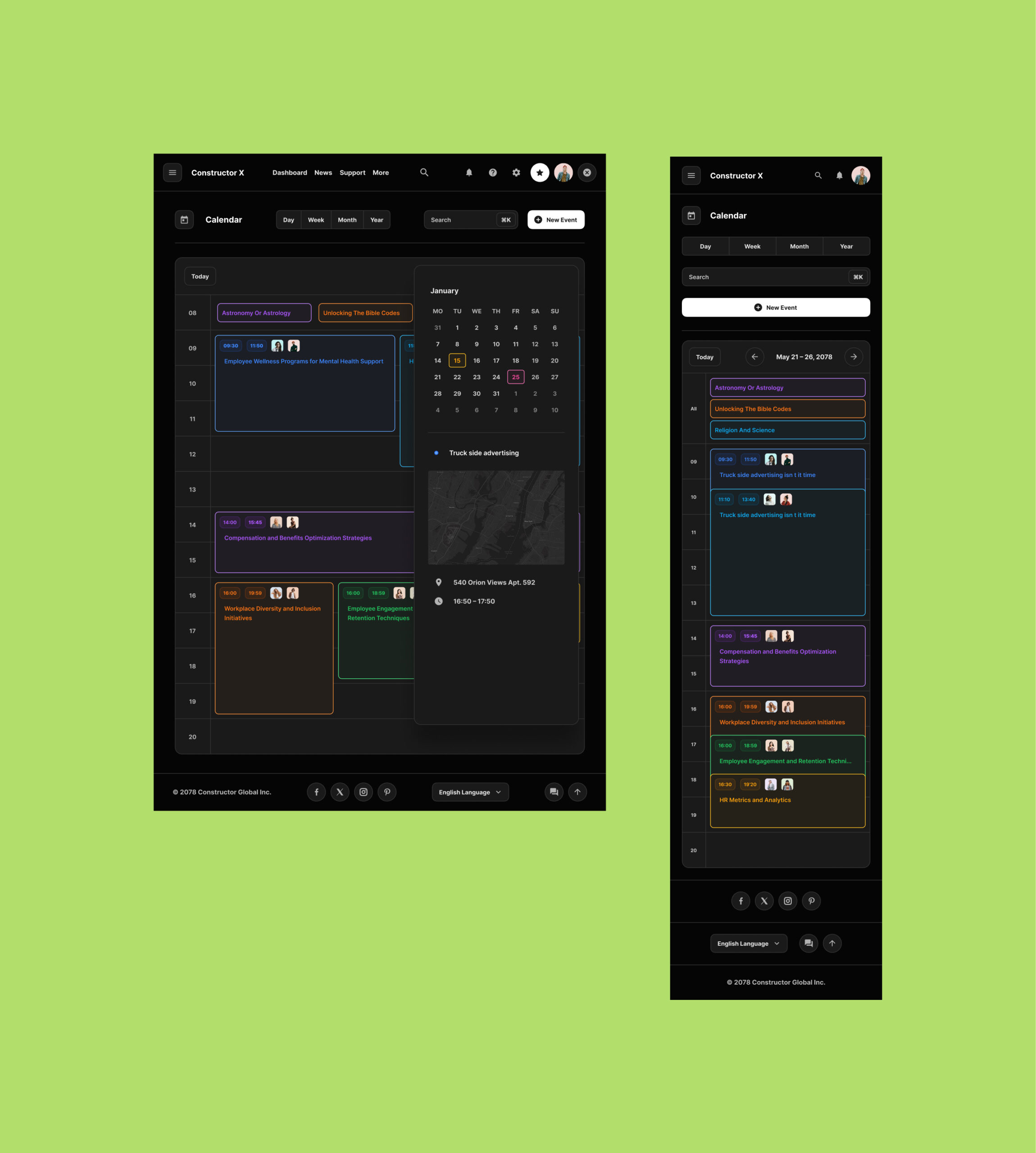 The image shows the interface of "Constructor X," which appears to be a tool for managing tasks, projects, and calendars. Here are the main interface elements:

Top panel: This contains the "Dashboard," "News," "Support," and "Main" tabs, which likely lead to different sections of the program. There's also an "Upgrade" button for accessing a more advanced version.

Left navigation panel: Contains sections such as "Dashboard," "Projects," "Files," "Users," "Knowledge Base," "Clients," "Messenger," "More," "Settings," "Language," "Night Mode," "Learn," "Help Center," and "Support." This allows you to quickly navigate between the program's main functions.